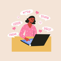 Cyber bullying and online abuse concepts. Upset. shame woman take haters messages and dislike in social media. Flat vector illustration of internet problems, victim of mass media