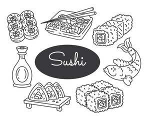 A set of illustrations of sushi, sashimi and maki. Japanese cuisine. Doodle, cartoon. Isolated on a white background.	