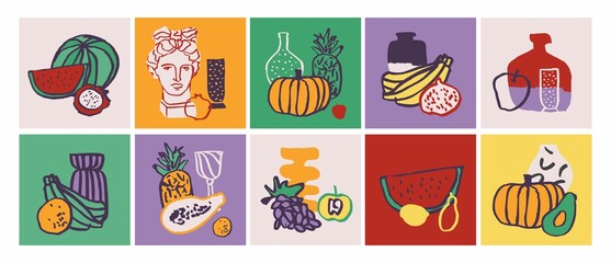 Set of decorative color postcards with still lifes in the style of the effect of oil paints. Collection of square banners with flowers, vases, antique figures, exotic fruits. Flat vector illustration