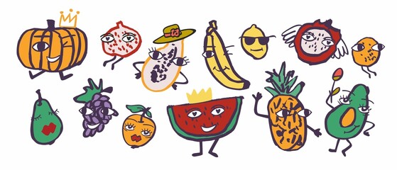 Set of decorative fruits and vegetables with emotions on the face isolated on white. Collection of funny characters of vegetarian food for stickers, postcards, posters, decor. Cute vector illustration