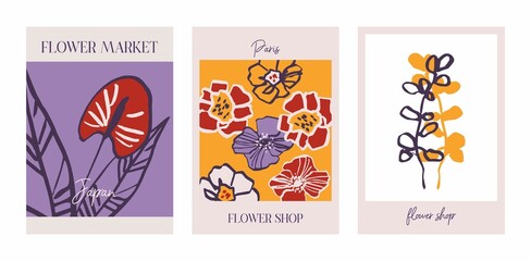 Set of decorative botanical posters. Modern floral art prints. Collection of flower market banner concepts for wall decor, notebook and brochures covers, postcards. Hand drawn vector illustration