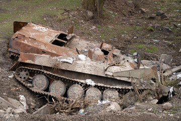 Ukraine, Kyiv region. Broken infantry fighting vehicle of the Russian army. close-up.