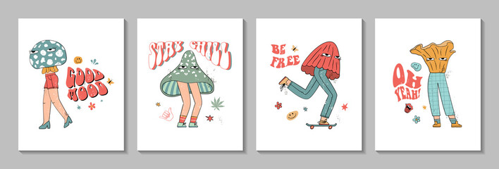 Set of posters with psychedelic mushroom, flowers and other retro elements. 70's Groovy Themed in Hand Drawn style. Hippie illustration for girl tee, t-shirt and sticker, poster design