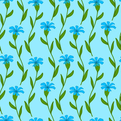 Cornflower vector seamless pattern. Blue flowers of cornflowers on a blue background. Wild flowers in doodle style. Design for textiles, covers, stationery.