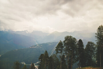Forest with fog over mountains. Top view of the forest in the Caucasus mountains. Wildlife during sunrise. Gorgeous summer landscape. Design Ideas