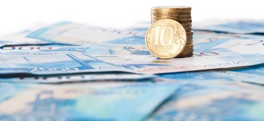 Russian coin on russian rubles money. Different denomination of bills. Finance concept. Money...