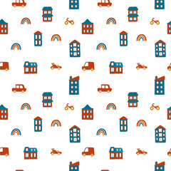 Vector seamless pattern with cartoon houses, passenger cars, motorbike, rainbow in red and blue colors on white background. Cute illustration for wallpaper, background, fabric, textile.