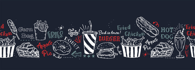 Fototapeta premium Beautiful hand drawn delicious fast food seamless pattern, tasty background, great for textiles, wrapping, packaging, wallpapers - vector design