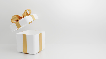 Open luxury white gift box with gold ribbon 3D render