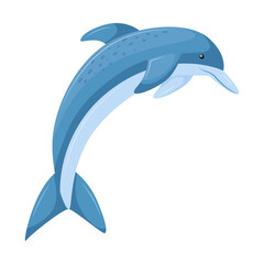 A blue dolphin jumping out of the water. Cute character, aquatic animal. Vector illustration in a flat cartoon style isolated on a white background.