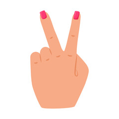 Gesture victory. A symbol showing V by a human hand. A woman's hand with nails covered with varnish. A simple vector illustration in a flat cartoon style isolated on a white background.