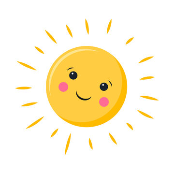 A simple sun with a face and eyes. Cute abstract sun with rays. A symbol of summer, weather. A simple vector illustration in a flat cartoon style isolated on a white background.