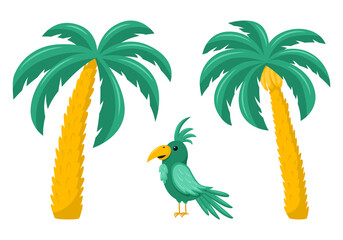 Tropical palm trees and a parrot. Exotic plant and animal. Palm tree with bananas. Vector illustration in a flat cartoon style isolated on a white background.