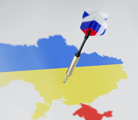 Dart with Russian flag symbolizing the conflict and control of Ukraine. Ukrainian map close up.