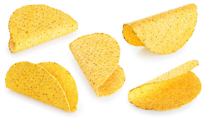 Corn tortillas for mexican tacos on white backgrounds. Taco shells. Collection with clipping path.