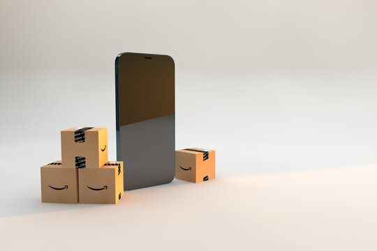 Amazon Prime Online shopping from your smartphone, 3D Render. Fiumicino, Rome, Italy, December 22, 2020
