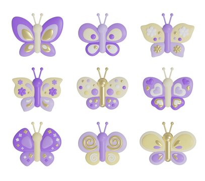 Set isolated 3d cartoon butterflies icons on white background. Golden texture and purple, yellow colors.