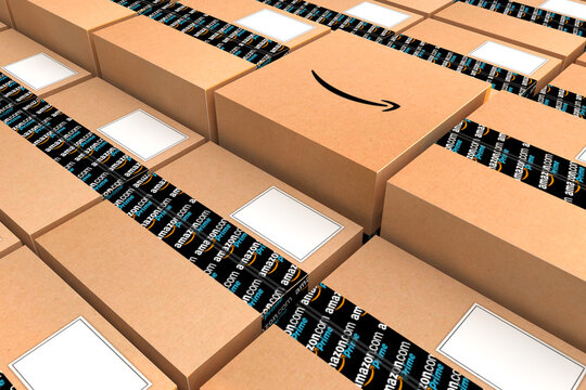 Composition of amazon Prime boxes directly to be sent to your customers. 3d render. Rome, Italy, December 22, 2020