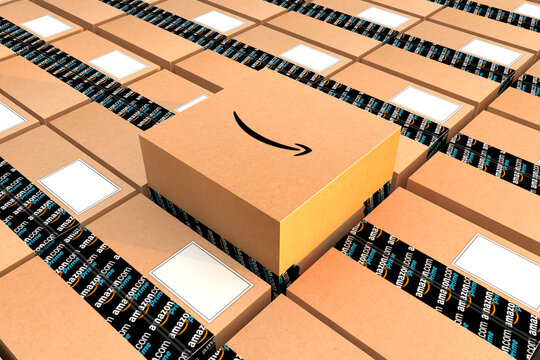 Amazon Prime shipping boxes many brown cardboard boxes. 3D Render. Rome, Italy, December 22, 2020