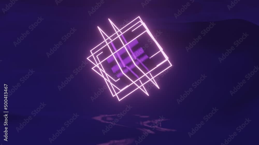 Poster neon glowing rectangles around cube in a black space with reflected field. seamless loop simple 3d a
