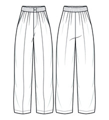 Elasticated Waistband Pant with Front Button Closure, Pyjama Pant Front and Back View. Fashion Illustration, Vector, CAD, Technical Drawing.