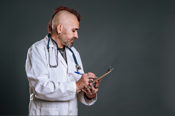 punk-style doctor makes notes in his folder in study shot