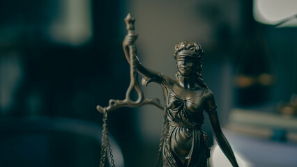 Fototapeta na wymiar Legal justice concept, goddess scales, and judge's hammer on a wooden table, dealing with court cases. Citizen's Integrity Issues symbol of justice