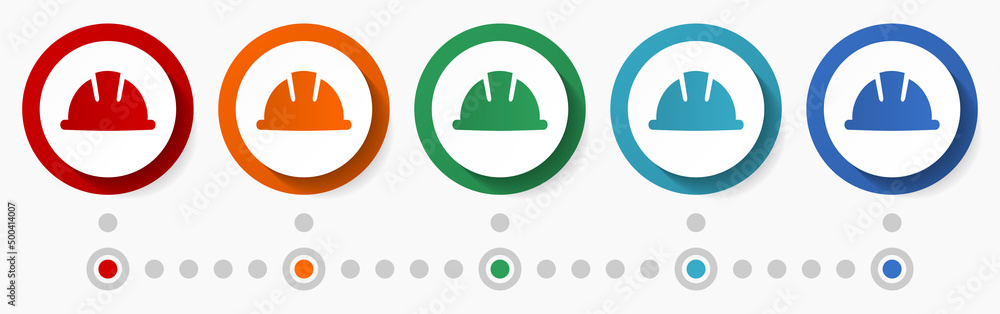 Poster helmet, worker concept vector icon set, infographic template, flat design colorful web buttons in 5 