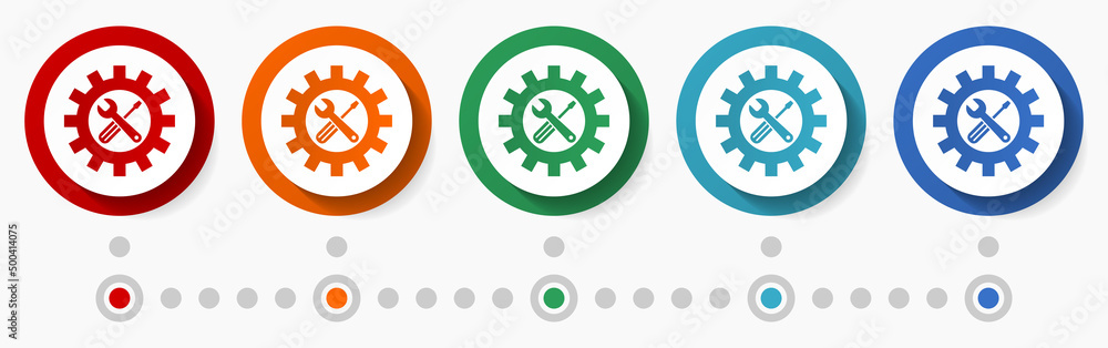 Aufkleber Service, industry concept vector icon set, infographic template, flat design colorful web buttons in 5 color options