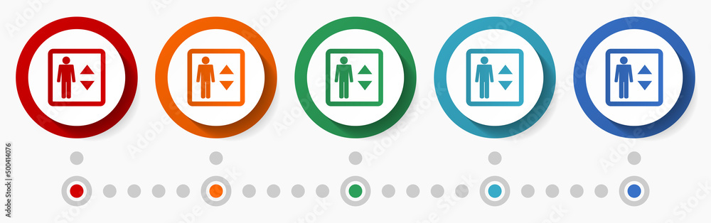 Aufkleber Lift, elevator concept vector icon set, infographic template, flat design colorful web buttons in 5 color options
