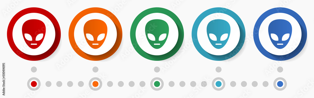 Poster Ufo, alien concept vector icon set, infographic template, flat design colorful web buttons in 5 color options