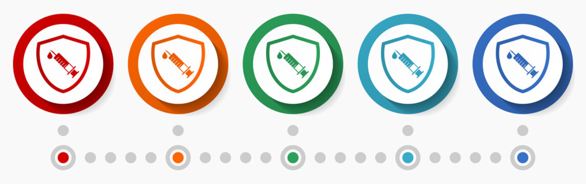 Vaccination sheld concept vector icon set, infographic template, flat design colorful web buttons in 5 color options