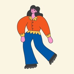 A girl in bright clothes is walking. Abstract simple style. Flat design, hand drawn cartoon, vector illustration.