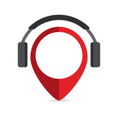 Red pin location with headphone. Vector illustration.