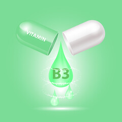 Capsule vitamin B3 (Thiamine) structure green, white opened as drop of water. 3D Vector Illustration. Personal care, beauty concept.Vitamin complex with chemical formula. Drug business concept.