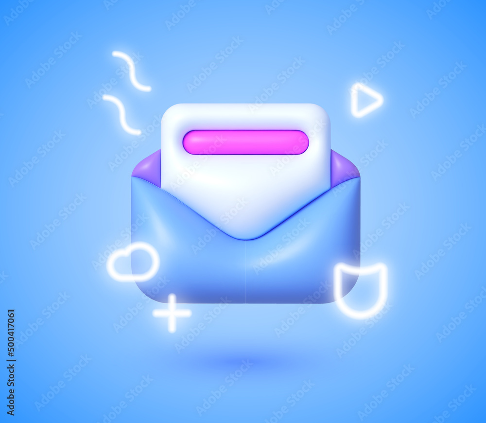 Aufkleber email 3d neon in 3d style on blue background. 3d render illustration. isolated vector illustration. 