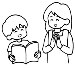 子供を褒める母親のイラスト　線画のみ