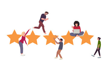 People's giving five star rating via website application. User feedback review scroll. Social media. Flat illustration vector graphic on white background.
