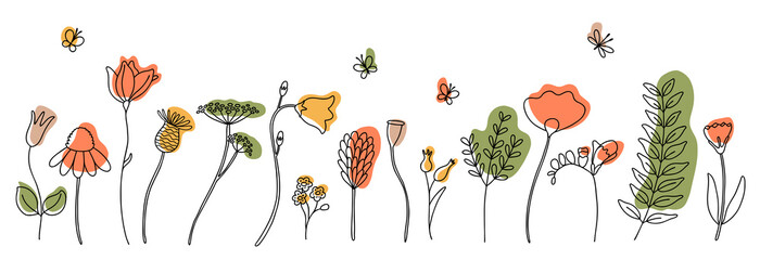 Vector collection with wildflowers and butterflies. Sketch style. Elements for your design of packaging, cards, invitation, pattern and other.