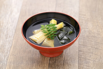 Wakatakejiru ( clear soup with young bamboo shoots and wakame seaweed ), Japanese cuisine