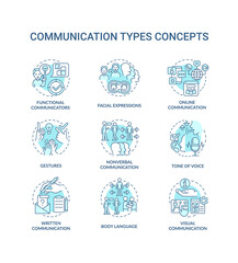 Communication types turquoise concept icons set. Exchanging information idea thin line color illustrations. Tone of voice. Isolated symbols. Editable stroke. Roboto-Medium, Myriad Pro-Bold fonts used