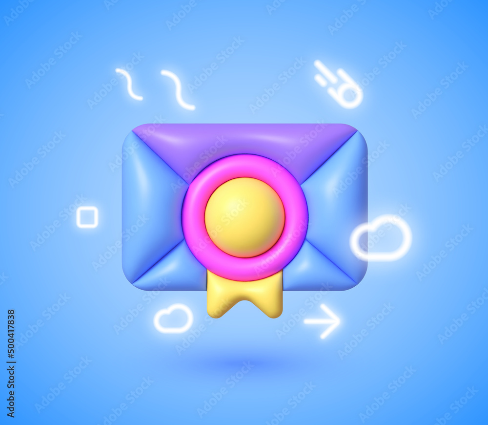 Aufkleber email 3d neon in 3d style on blue background. 3d render illustration. isolated vector illustration. 