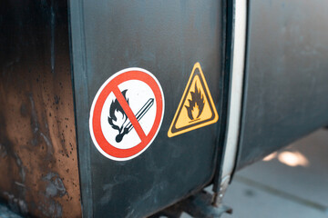 Obraz premium Stickers warning about the flammability and combustibility and danger of fuel in the tank of the truck