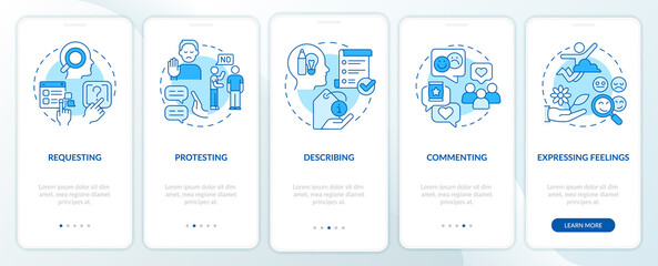 Functional communication blue onboarding mobile app screen. Walkthrough 5 steps graphic instructions pages with linear concepts. UI, UX, GUI template. Myriad Pro-Bold, Regular fonts used