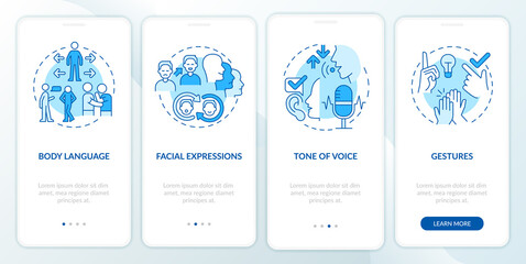 Fototapeta na wymiar Nonverbal communication examples blue onboarding mobile app screen. Walkthrough 4 steps graphic instructions pages with linear concepts. UI, UX, GUI template. Myriad Pro-Bold, Regular fonts used