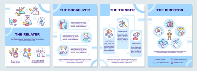 Communication styles blue brochure template. Relater and thinker. Leaflet design with linear icons. 4 vector layouts for presentation, annual reports. Arial-Black, Myriad Pro-Regular fonts used