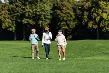 Fototapeta premium interracial senior friends walking with golf clubs on field.