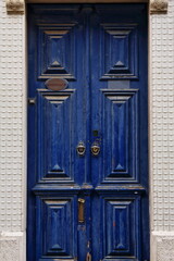 Indigo painted chipped wooden door-Rua Candido dos Reis Street. Lagos-Portugal-218