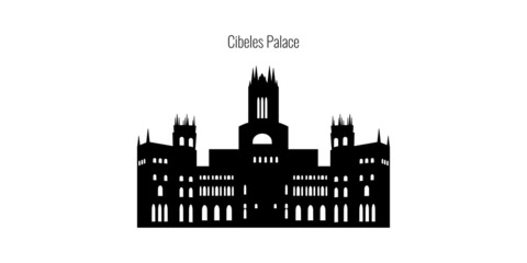 Cibeles Palace (Spanish: Palacio de Cibeles), Madrid, Spain. Black silhouette of Cibeles Palace on white background. Vector illustration.
