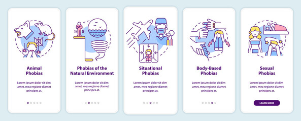 Specific phobias onboarding mobile app screen. Anxiety disorder walkthrough 5 steps graphic instructions pages with linear concepts. UI, UX, GUI template. Myriad Pro-Bold, Regular fonts used
